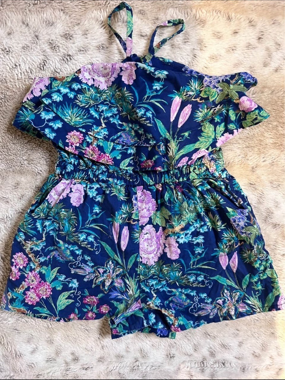 Janie and Jack Blue Pink Tropical Floral Cotton Romper 18-24 Months